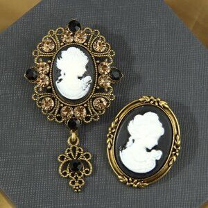 Retro Victorian Classic Black Cameo Bridgerton-Style Brooch Set of 2 Pins NEW